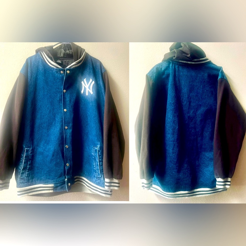 NY GIANTS DENIM/BLK. JERSY ARM SNAP UP 100% COTTON LINED JACKET W/HOOD XL~NWOT